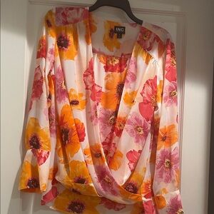 INC International Concepts Women's Floral Drape Blouse - Pink and Orange